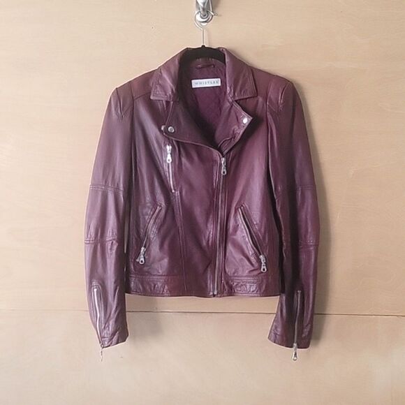 NEW Whistles Maroon Oxblood Burgundy Leather Moto Biker Coat Jacket UK 10 US 6 S - Picture 1 of 15